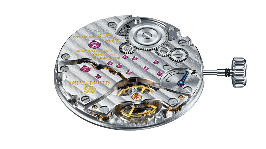 Grand Seiko 9SA4 со стороны мостов: фиксатор завода, индикатор запаса и баланс